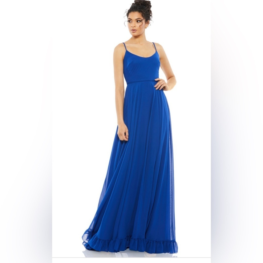 NWt Mac Duggal Ieena Blue Braided Spaghetti Strap Gown with Ruffle Hem 6